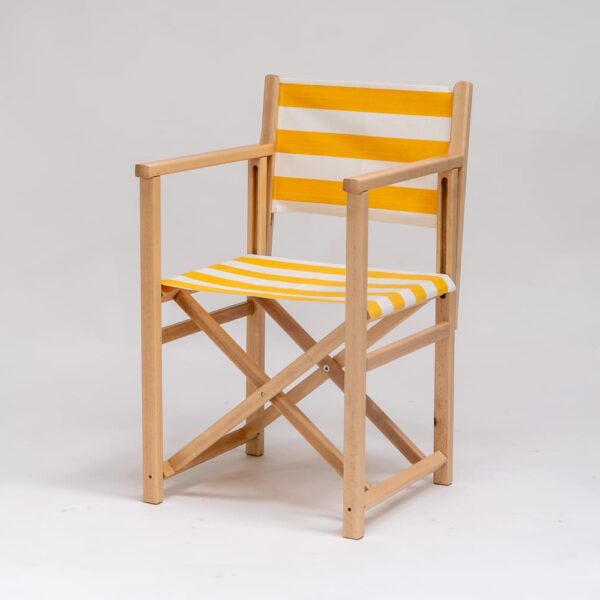 Beechwood Director's Chair with Shot Put fabric, yellow & white stripes, viewed from an angle - created by Decks and Stipes Ireland