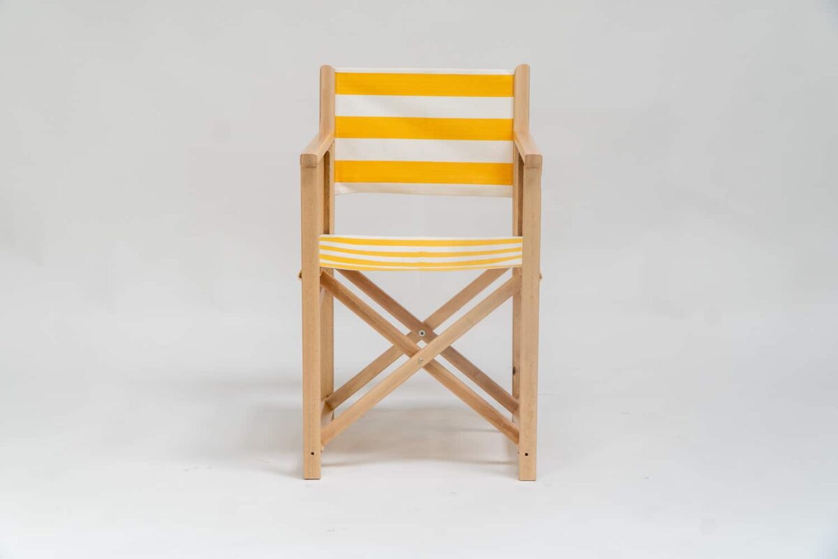 Beechwood Director's Chair with Shot Put fabric, yellow & white stripes, viewed from the front - created by Decks and Stipes Ireland