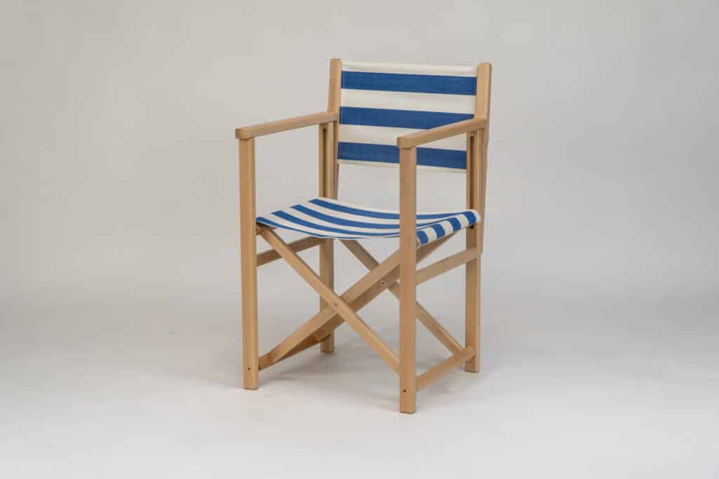 Beechwood Director's Chair with Soccer fabric, blue and white stripes, viewed from an angle - created by Decks and Stipes Ireland