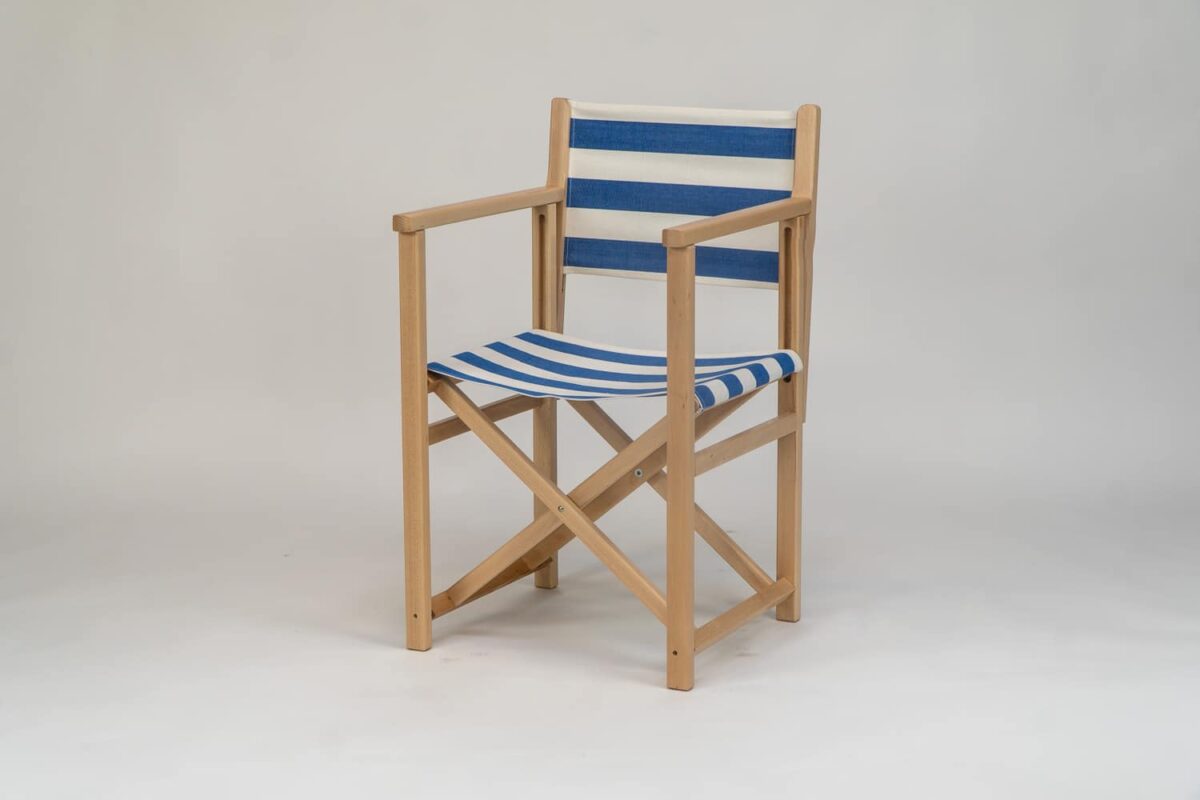 Beechwood Director's Chair with Soccer fabric, blue and white stripes, viewed from an angle - created by Decks and Stipes Ireland