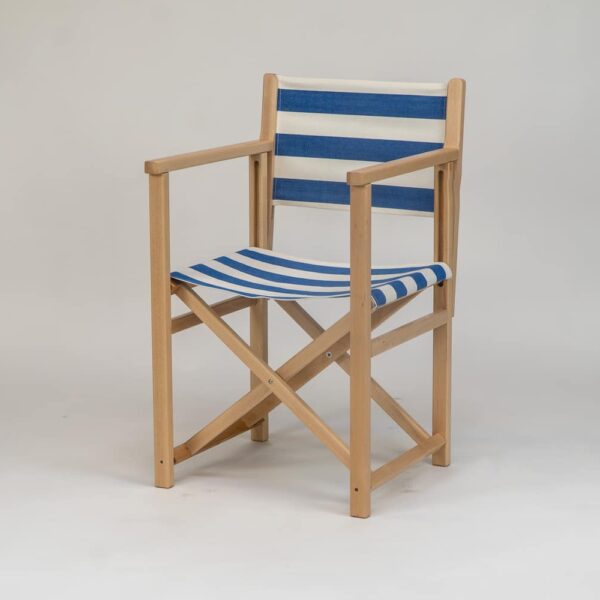 Beechwood Director's Chair with Soccer fabric, blue and white stripes, viewed from an angle - created by Decks and Stipes Ireland