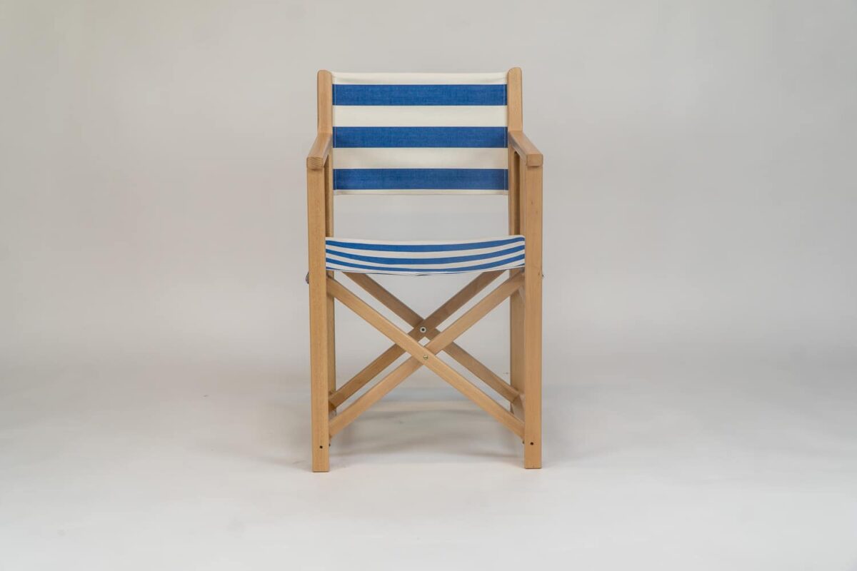 Beechwood Director's Chair with Soccer fabric, blue and white stripes, viewed from the front - created by Decks and Stipes Ireland