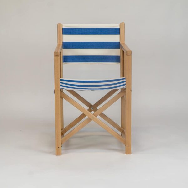 Beechwood Director's Chair with Soccer fabric, blue and white stripes, viewed from the front - created by Decks and Stipes Ireland