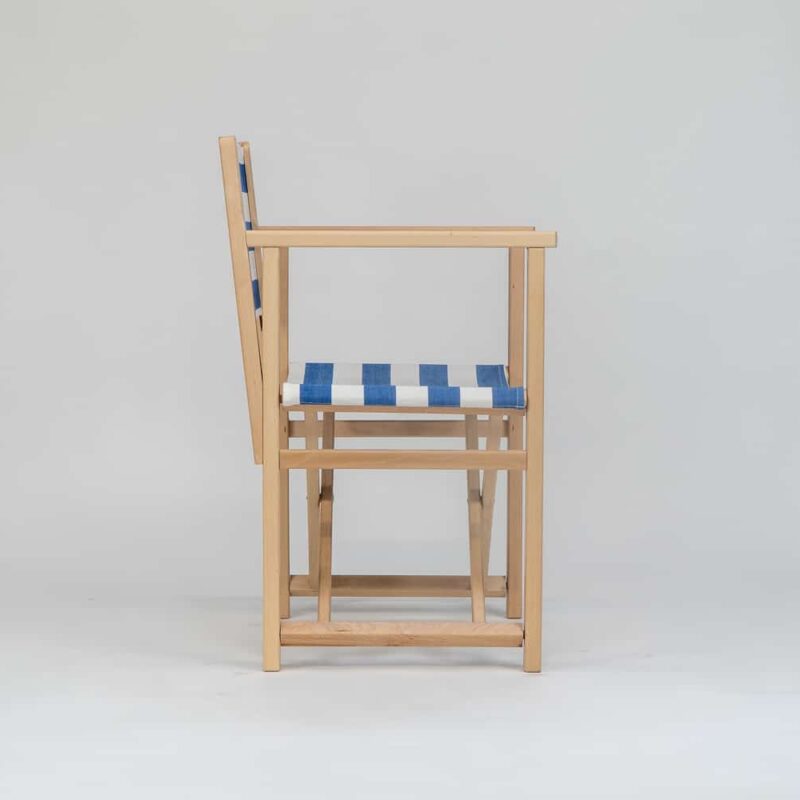 Beechwood Director's Chair with Soccer fabric, blue and white stripes, viewed from the side - created by Decks and Stipes Ireland