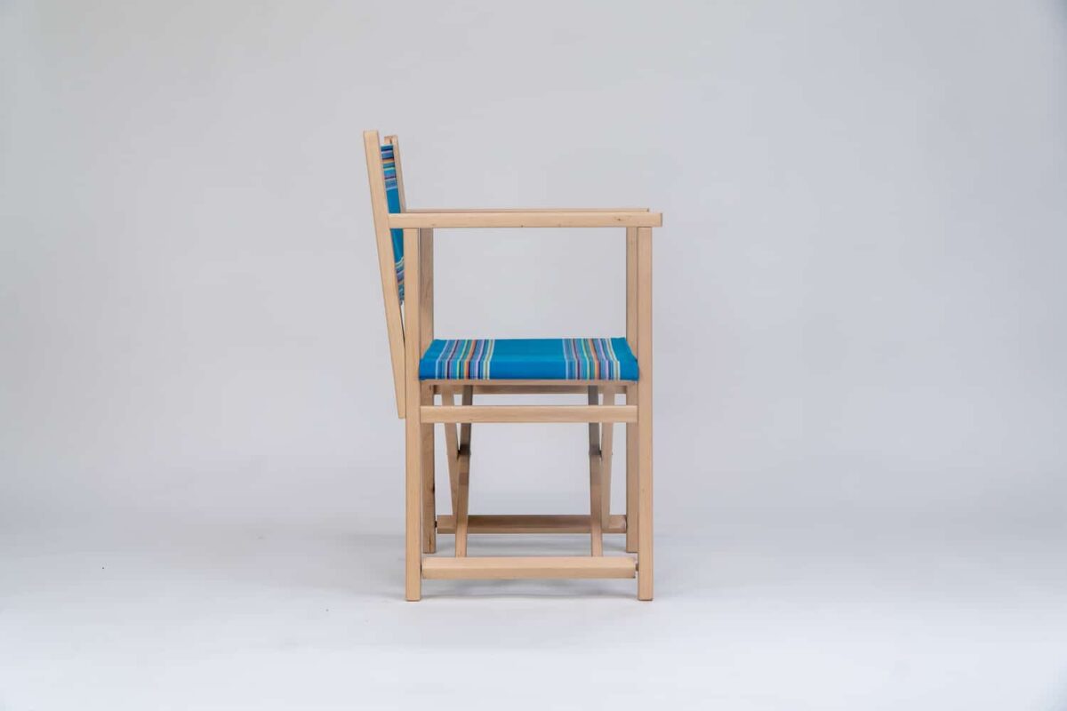 Beechwood Director's Chair with Swimming fabric, blue, yellow, pink, orange, purple and green stripes, viewed from the side - created by Decks and Stipes Ireland