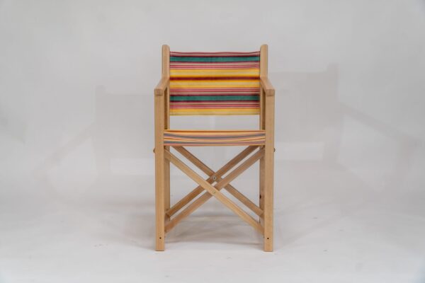 Beechwood Director's Chair with Waltzing fabric, yellow, pink, green, lavendar and white stripes, viewed from the front - created by Decks and Stipes Ireland