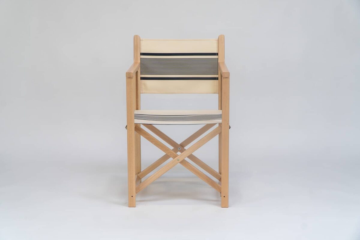 Beechwood Director's Chair with Yvonne Ficelle Encre fabric, ink and cream stripes, viewed from the front - created by Decks and Stipes Ireland