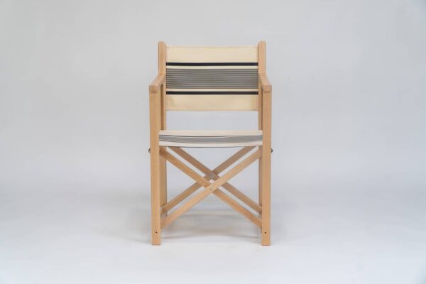 Beechwood Director's Chair with Yvonne Ficelle Encre fabric, ink and cream stripes, viewed from the front - created by Decks and Stipes Ireland