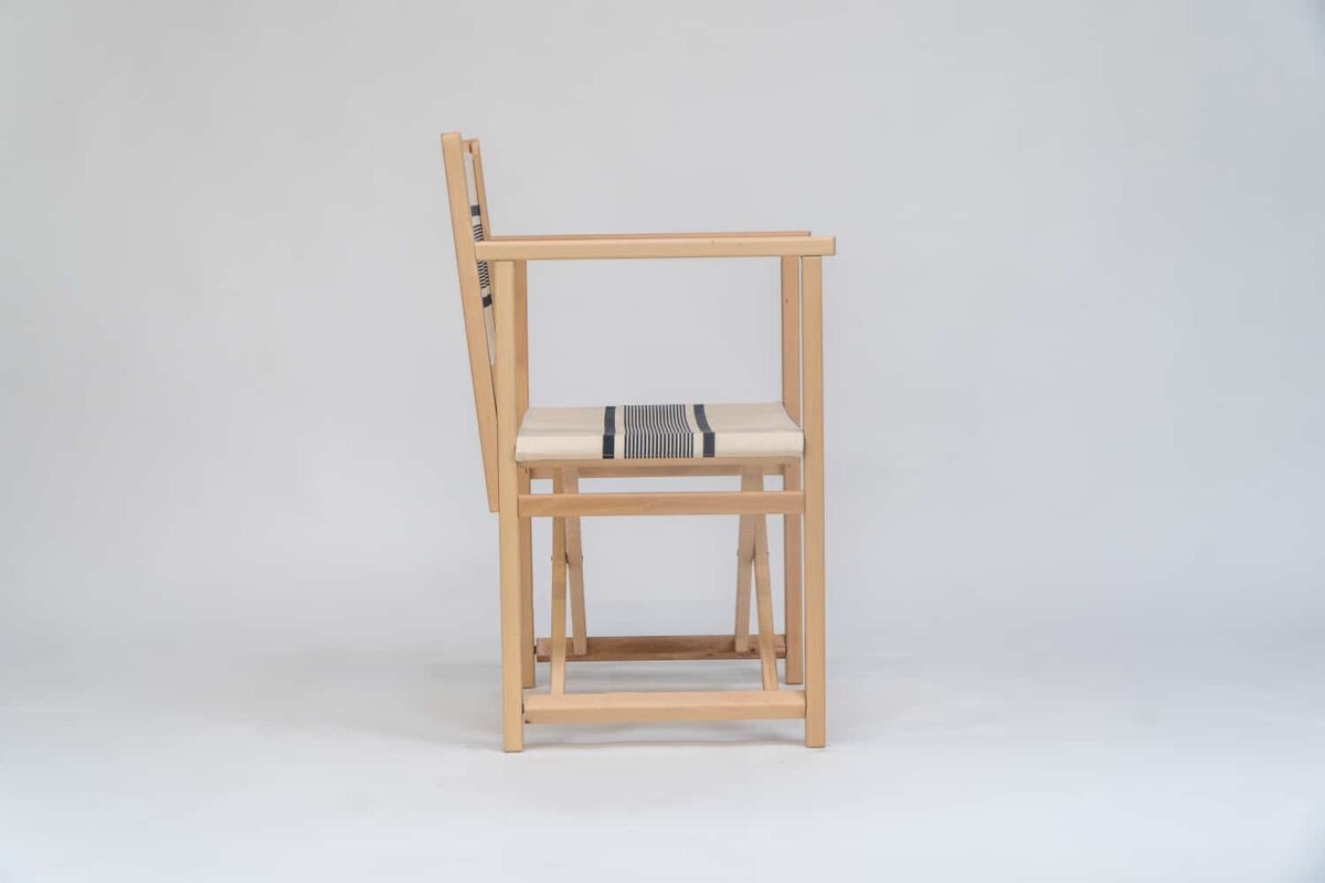 Beechwood Director's Chair with Yvonne Ficelle Encre fabric, ink and cream stripes, viewed from the side - created by Decks and Stipes Ireland