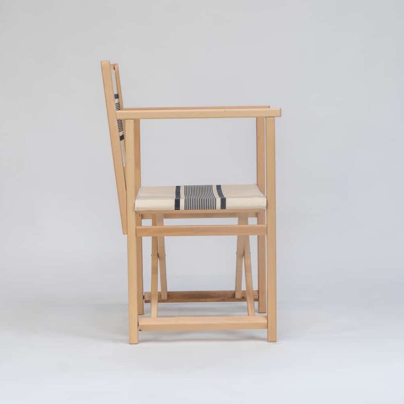 Beechwood Director's Chair with Yvonne Ficelle Encre fabric, ink and cream stripes, viewed from the side - created by Decks and Stipes Ireland