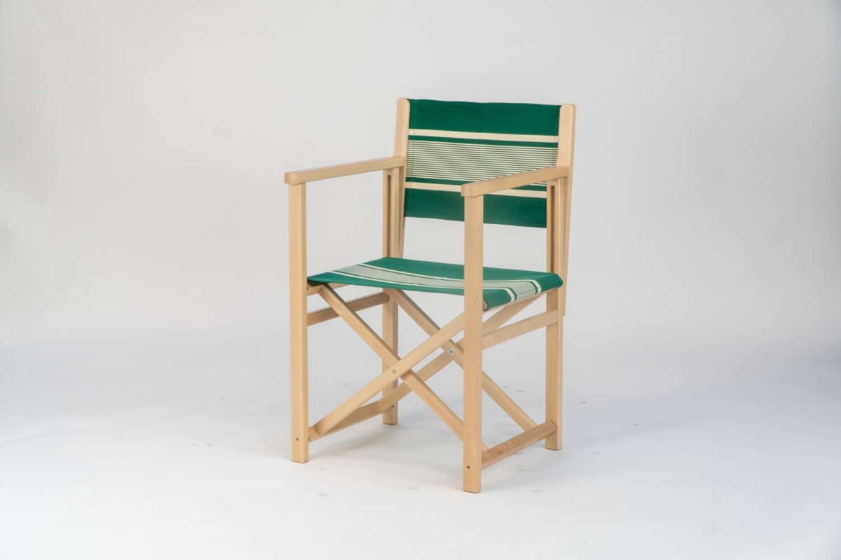 Beechwood Director's Chair with Yvonne Vert fabric, green and cream stripes, viewed from an angle - created by Decks and Stipes Ireland