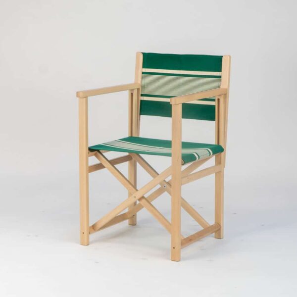 Beechwood Director's Chair with Yvonne Vert fabric, green and cream stripes, viewed from an angle - created by Decks and Stipes Ireland