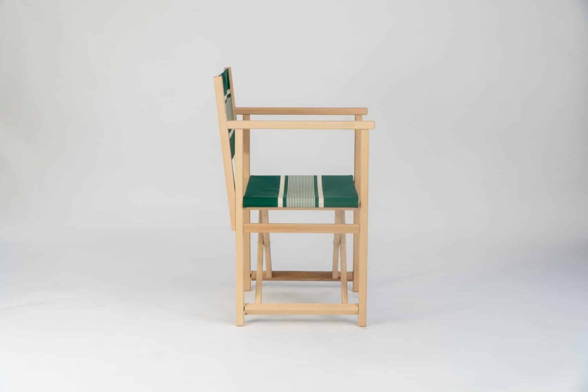 Beechwood Director's Chair with Yvonne Vert fabric, green and cream stripes, viewed from the side - created by Decks and Stipes Ireland