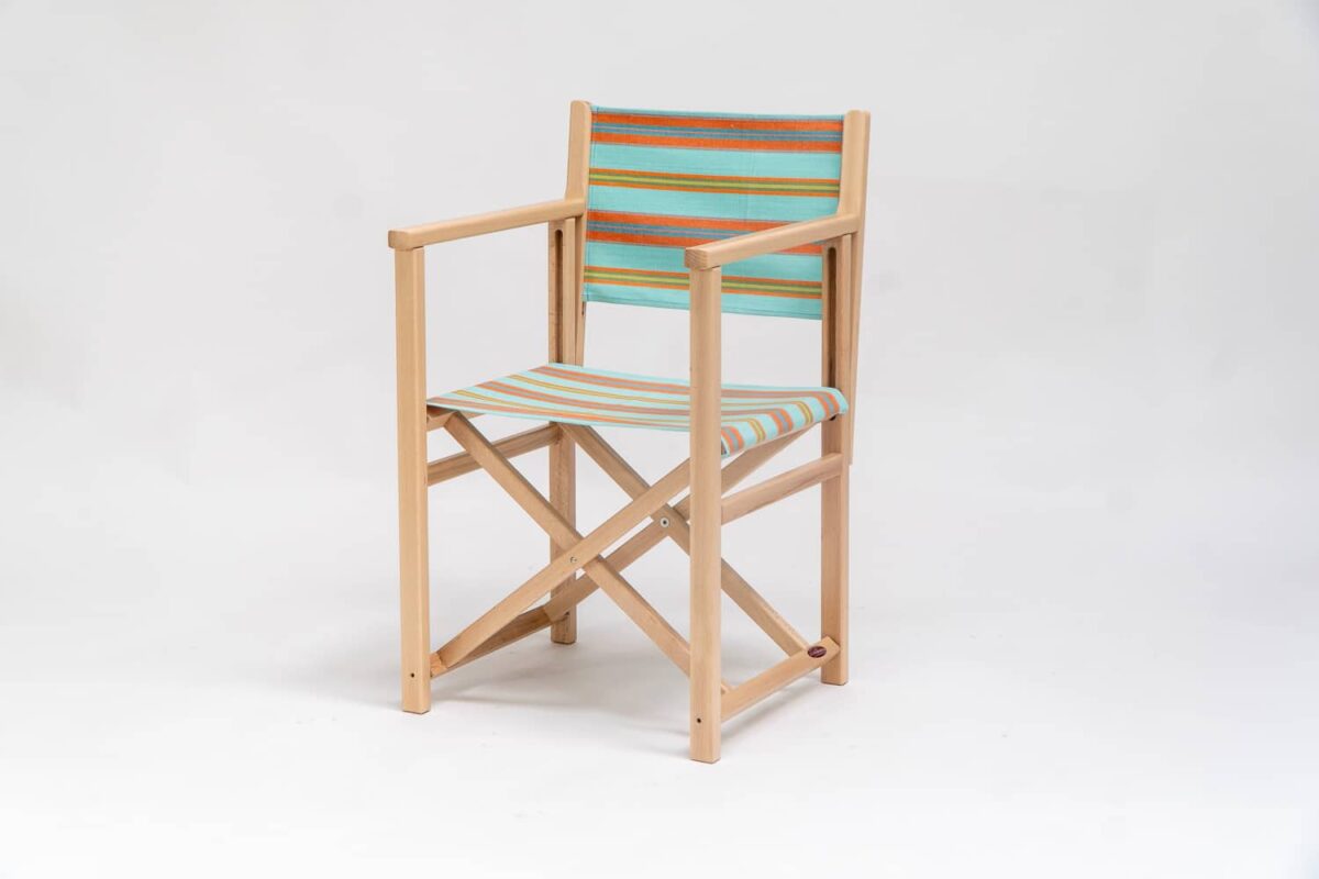 Beechwood Director's Chairs with Petanque fabric, turquoise, terracotta, blue, lime and green stripes, viewed from an angle - created by Decks and Stipes Ireland