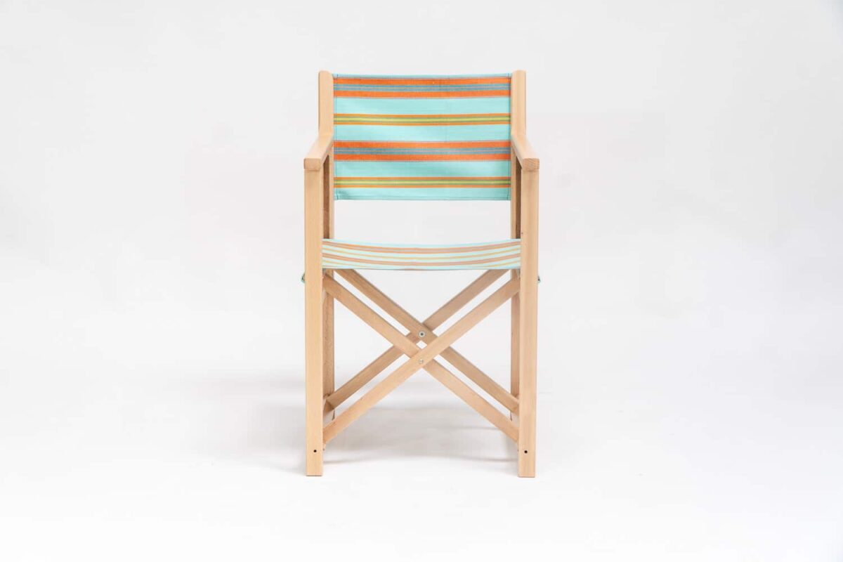 Beechwood Director's Chairs with Petanque fabric, turquoise, terracotta, blue, lime and green stripes, viewed from the front - created by Decks and Stipes Ireland