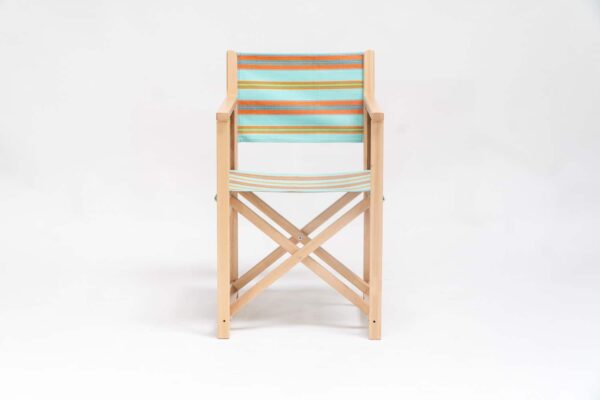 Beechwood Director's Chairs with Petanque fabric, turquoise, terracotta, blue, lime and green stripes, viewed from the front - created by Decks and Stipes Ireland