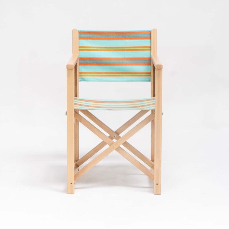 Beechwood Director's Chairs with Petanque fabric, turquoise, terracotta, blue, lime and green stripes, viewed from the front - created by Decks and Stipes Ireland