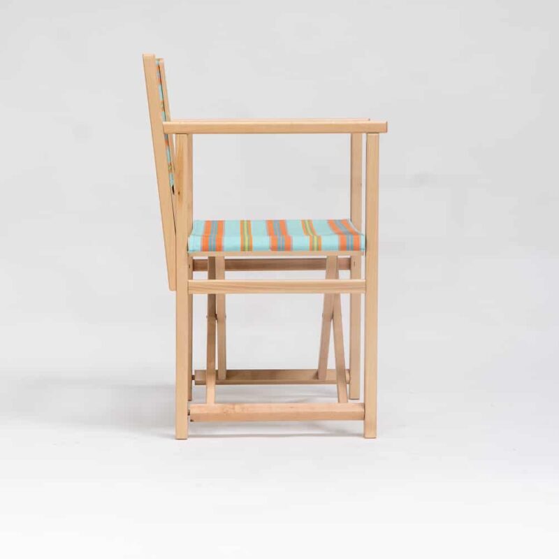 Beechwood Director's Chairs with Petanque fabric, turquoise, terracotta, blue, lime and green stripes, viewed from the side - created by Decks and Stipes Ireland