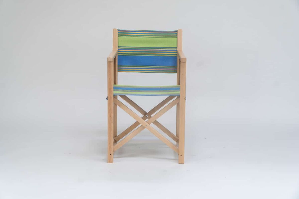 Beechwood Director's Chairs with Pickleball fabric, sky blue, lime, yellow, jade, terracotta and charcoal stripes, viewed from the front - created by Decks and Stipes Ireland
