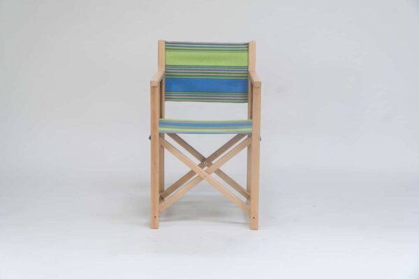 Beechwood Director's Chairs with Pickleball fabric, sky blue, lime, yellow, jade, terracotta and charcoal stripes, viewed from the front - created by Decks and Stipes Ireland