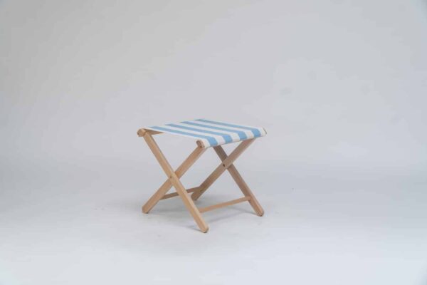 Beechwood Stool with Ice Dancing fabric, sky blue and white stripes - created by Decks and Stipes Ireland