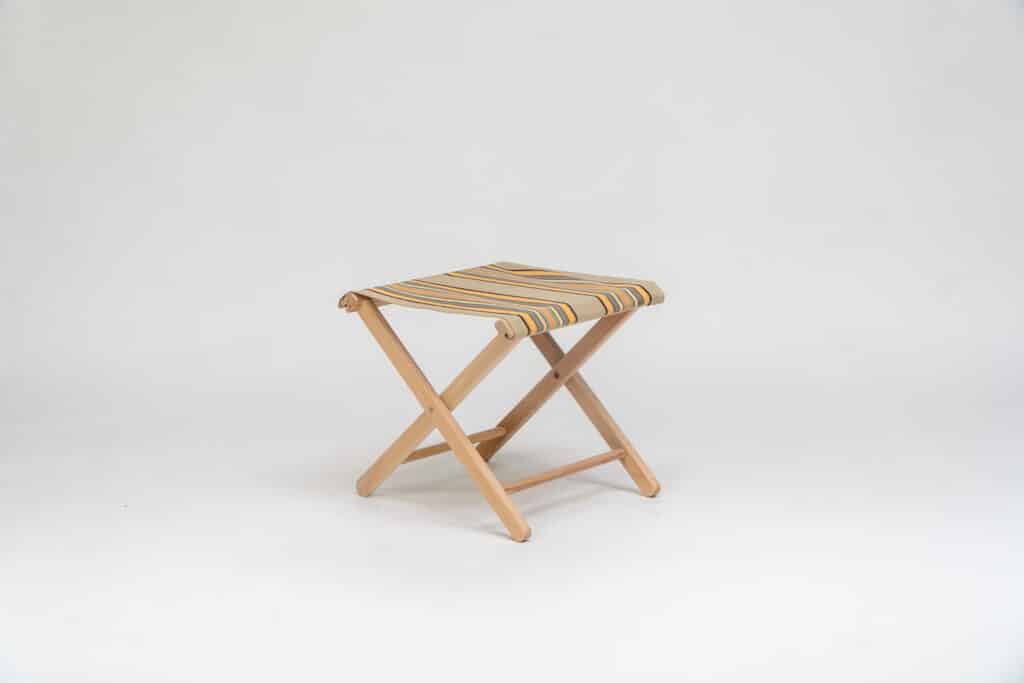 Beechwood Stool with Kickball fabric, khaki, coral, black and blue stripes - created by Decks and Stipes Ireland