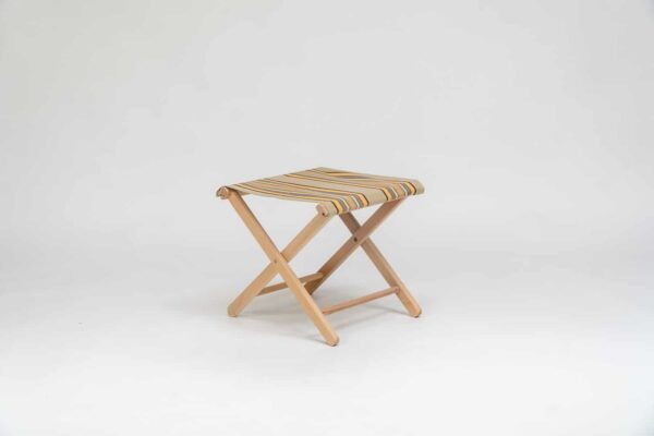 Beechwood Stool with Kickball fabric, khaki, coral, black and blue stripes - created by Decks and Stipes Ireland