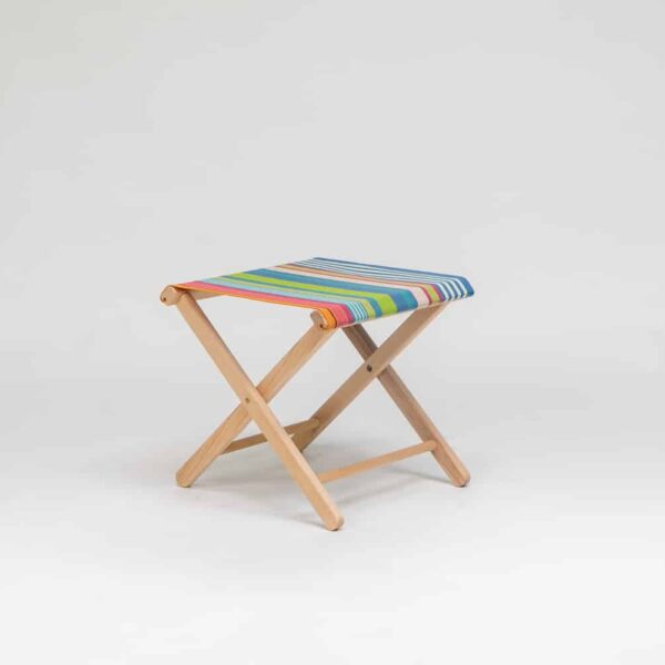 Beechwood Stool with Orienteering fabric, green, blue, pink, plum, white and terracotta stripes - created by Decks and Stipes Ireland