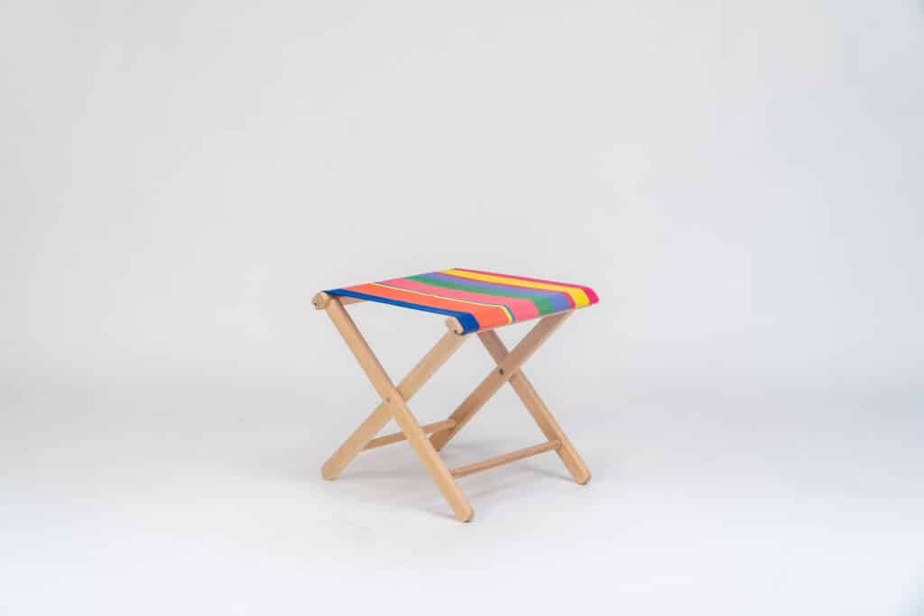 Beechwood Stool with Porto Rico fabric, pink, green, blue, navy & yellow stripes - created by Decks and Stipes Ireland