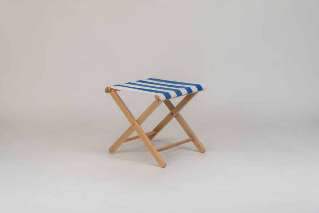 Beechwood Stool with Soccer fabric, blue and white stripes - created by Decks and Stipes Ireland