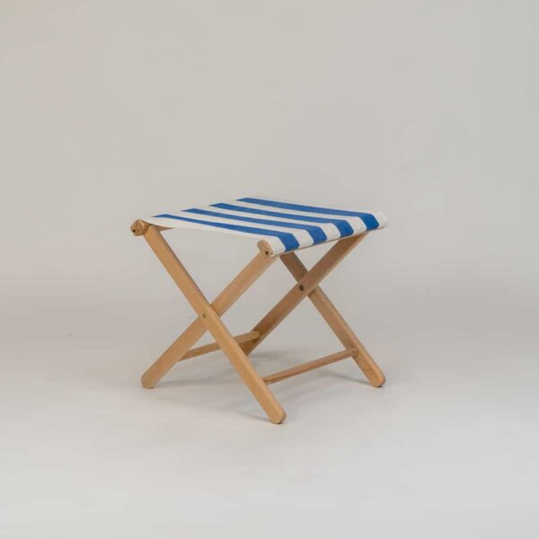 Beechwood Stool with Soccer fabric, blue and white stripes - created by Decks and Stipes Ireland