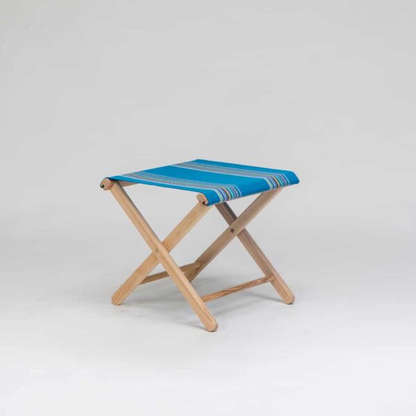 Beechwood Stool with Swimming fabric, blue, yellow, pink, orange, purple and green stripes - created by Decks and Stipes Ireland