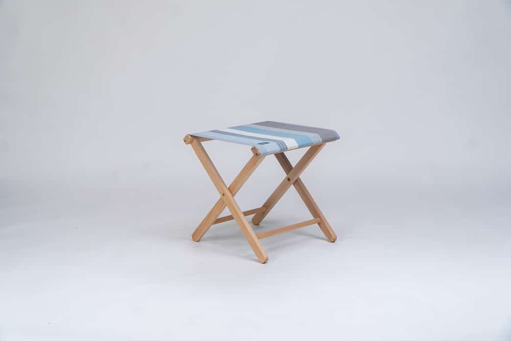 Beechwood stool with Belle-ile-en-Mer fabric, blue, grey and white stripes - created by Decks and Stipes Ireland