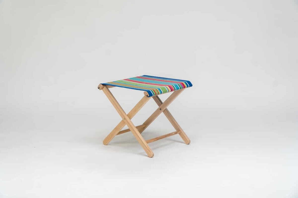 Beechwood stool with Climbing Fabric - blue, green, yellow, red and pink stripes - created by Decks and Stipes Ireland