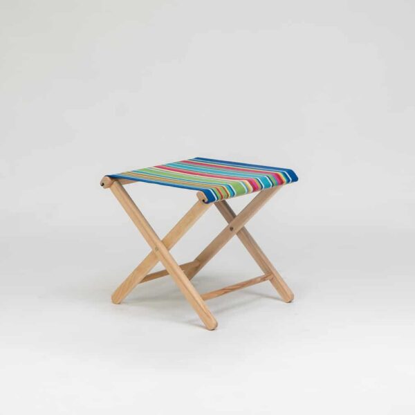 Beechwood stool with Climbing Fabric - blue, green, yellow, red and pink stripes - created by Decks and Stipes Ireland