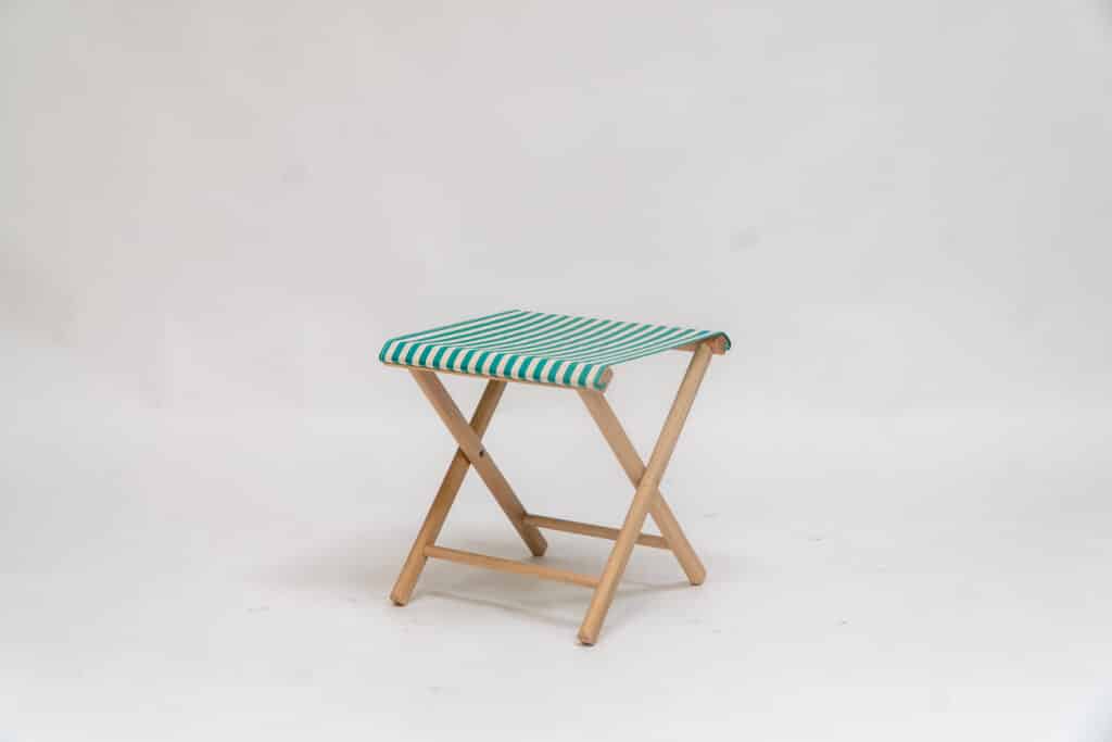 Beechwood stool with Clippo green fabric, green and white stripes- created by Decks and Stipes Ireland