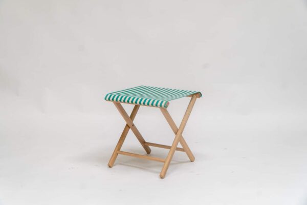 Beechwood stool with Clippo green fabric, green and white stripes- created by Decks and Stipes Ireland